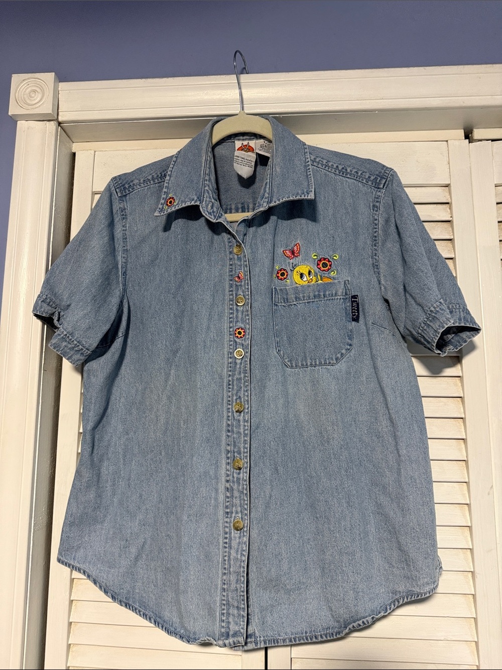 Kids Light Blue Denim Short Sleeve Shirt with Embroidery